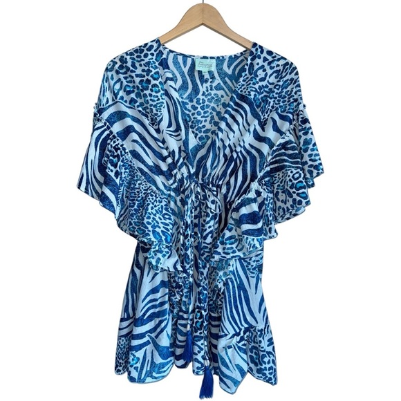 TRUE DESTINATIONS Resort Cotton CoverUp Mini Dress Seashell Tassels Blue White M - Picture 1 of 7
